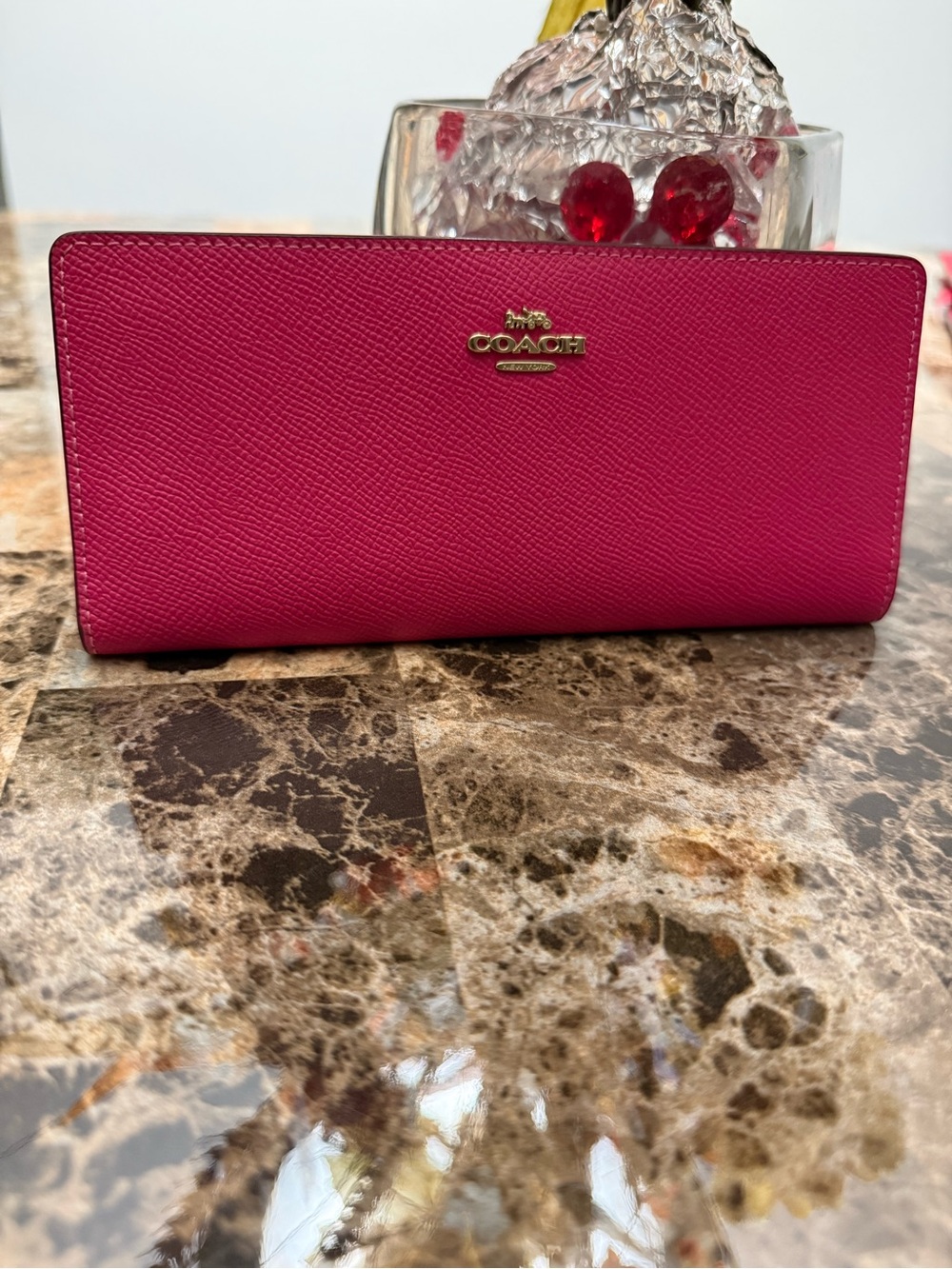 Coach Continental Zip Wallet - Fuchsia Pink with Gold Logo